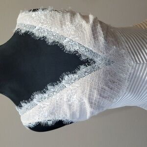 NWT Marchesa Notte off white striped mesh over lace high low hem dress